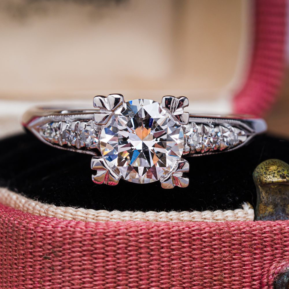 European Cut Lab Diamond 1950s Diamond Engagement Ring in 14K White Gold 0.82Ct G/SI1