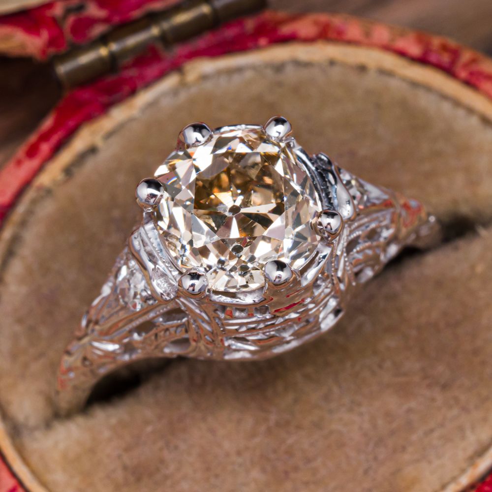 European Cut Lab Diamond Vintage Old Mine Cut Champagne Diamond Ring in 18K White Gold 1.80Ct SI2