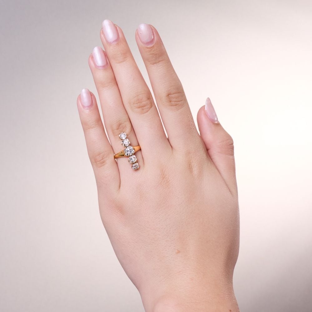 Magnificent Old Mine Cut Diamond Elongated 5 Stone Ring 14K Yellow