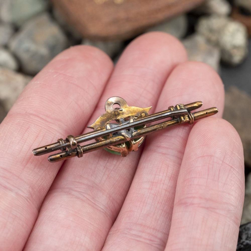 Vintage Jade Bamboo Motif Brooch w/ Seed Pearl Accents