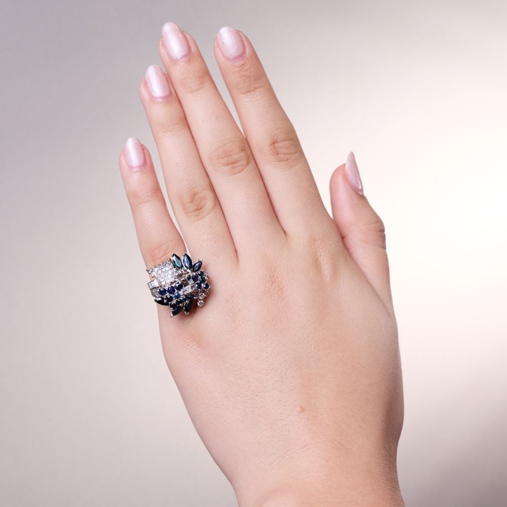 Bague Cocktail Or Rose 18k Avec Spinelle Bleu Synthétique 6,30ct - Vintage Taille 53