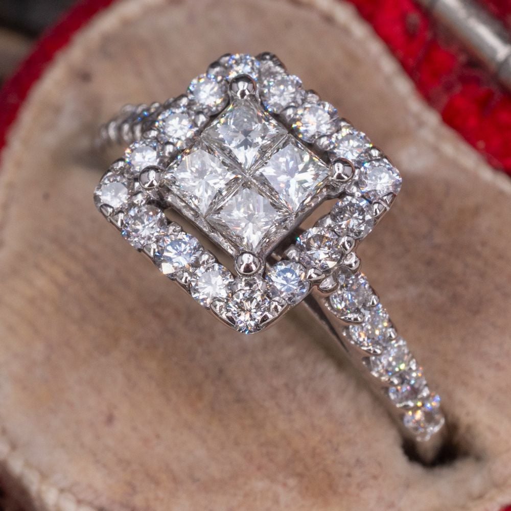 Square Halo Princess Cut Diamond Ring 14K White Gold