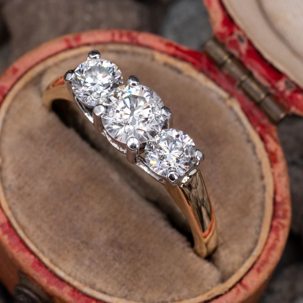 Three Stone Round Diamond Engagement Ring 14K Yellow Gold & Platinum ...