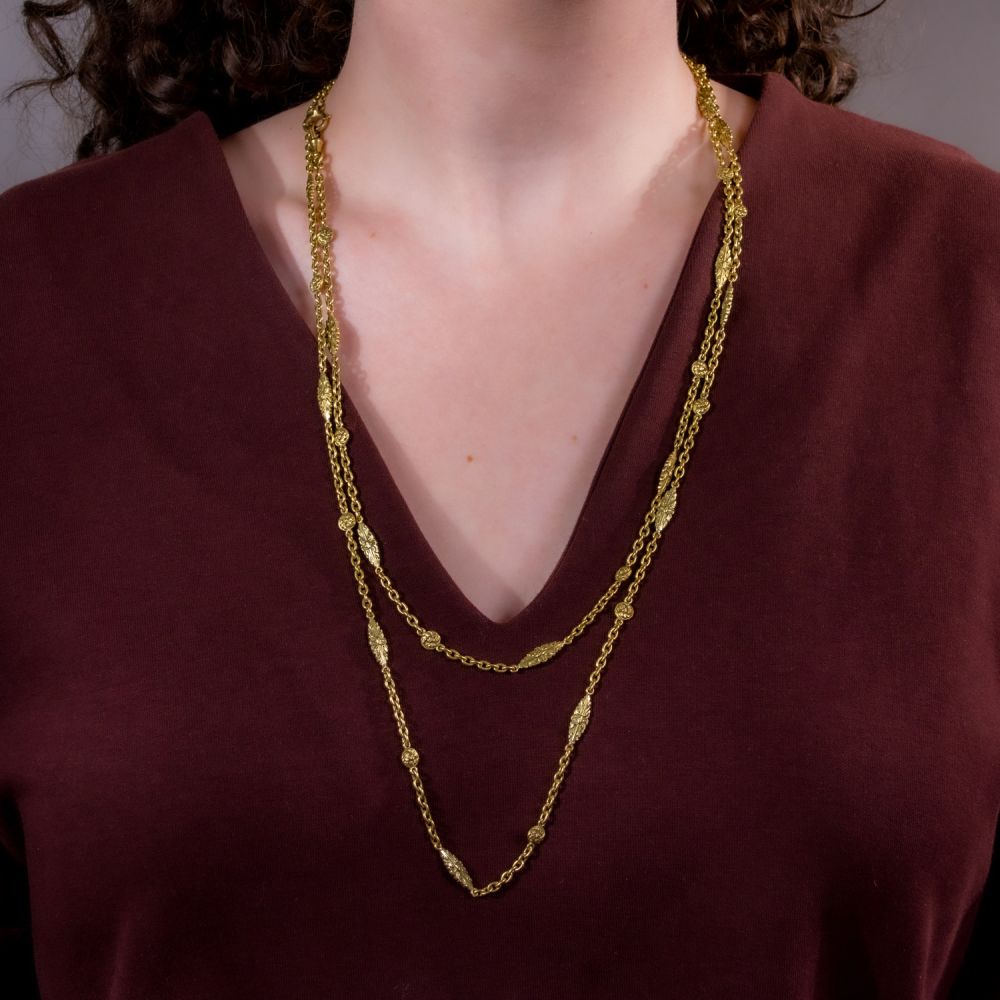 French Long Navette Link Station Necklace 60 Inch 18K Yellow Gold