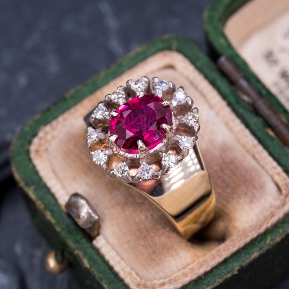 Ruby Diamond Halo Ring 14K Yellow Gold / Sterling Silver