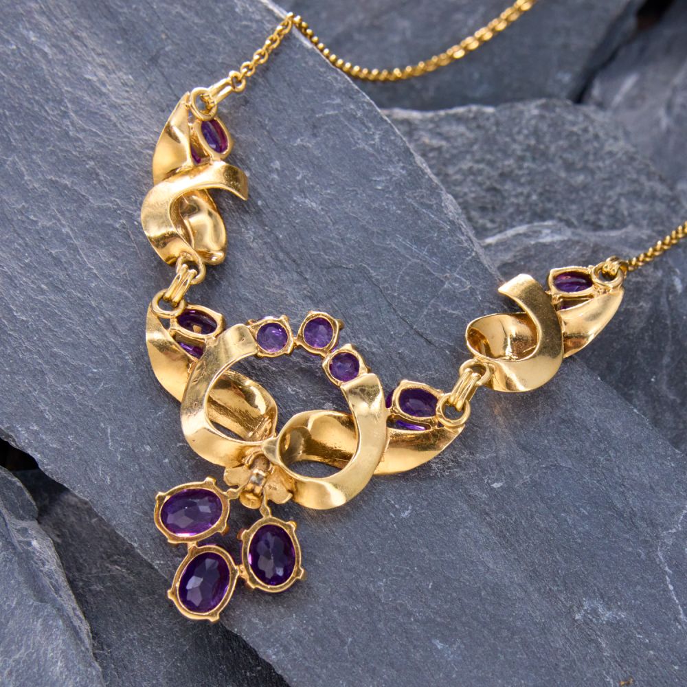 Elegant Ribbon Amethyst Necklace 14K Yellow Gold