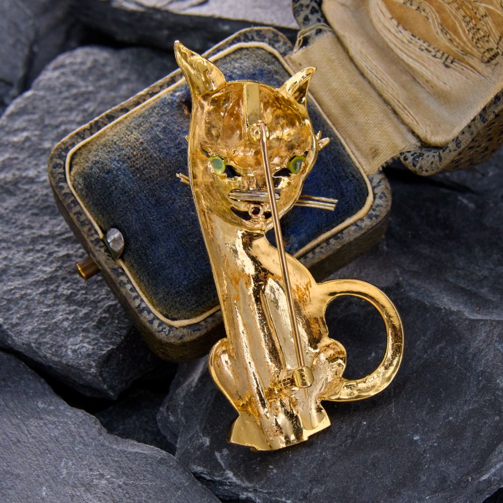 Broche Vintage Chat Sur Branche En Métal Doré Mat/brillant - Occasion