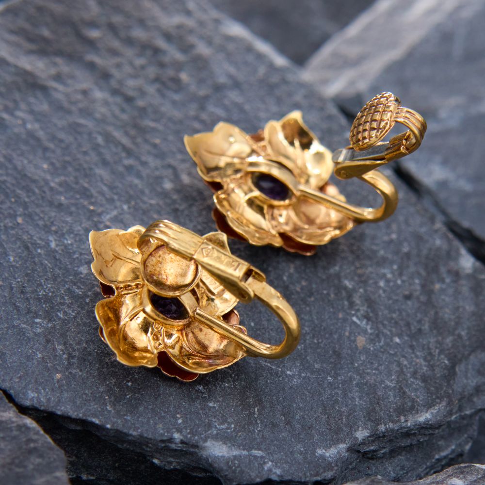 Pretty Vintage Amethyst Foliate Clip On Earrings 14K Two Tone Gold