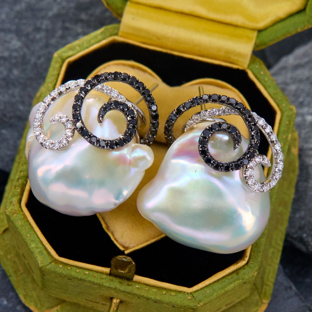 Large Baroque Pearl Earrings w/ Diamond Scrolls 18K White Gold