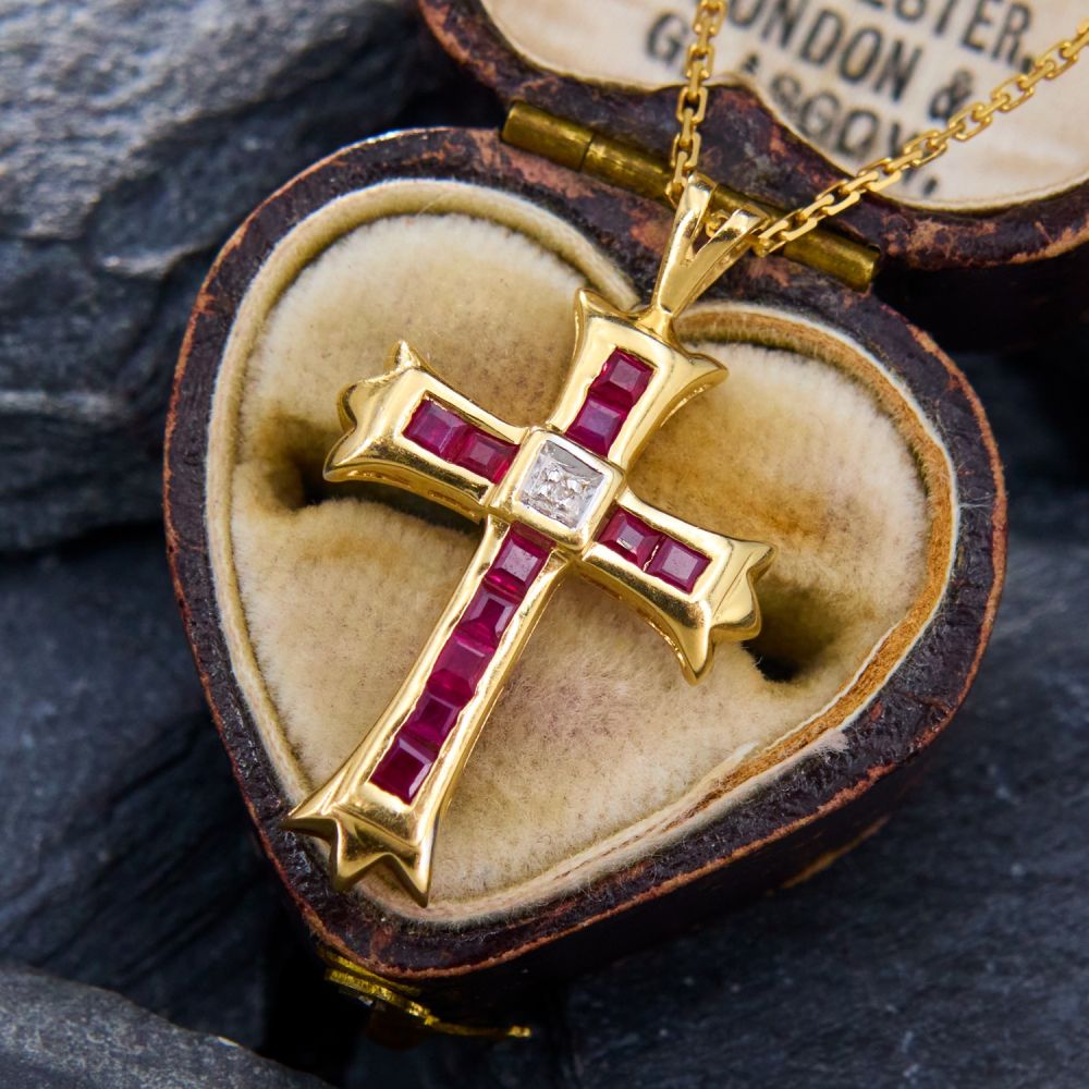 thumbnail image 2 of 2.00 Ct Round Cut Lab-Created Red Ruby & Diamond Cross Pendant – 14k Yellow Gold Over Silver 2 of 4