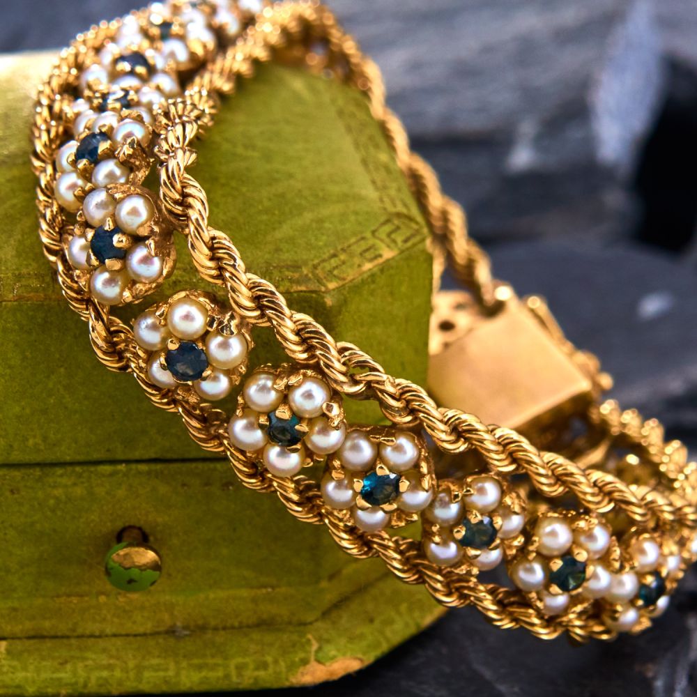 Bracelet Ancien En Or Massif 14 Carats Et Saphir Synthétique - Style Art Déco, Occasion Bon état
