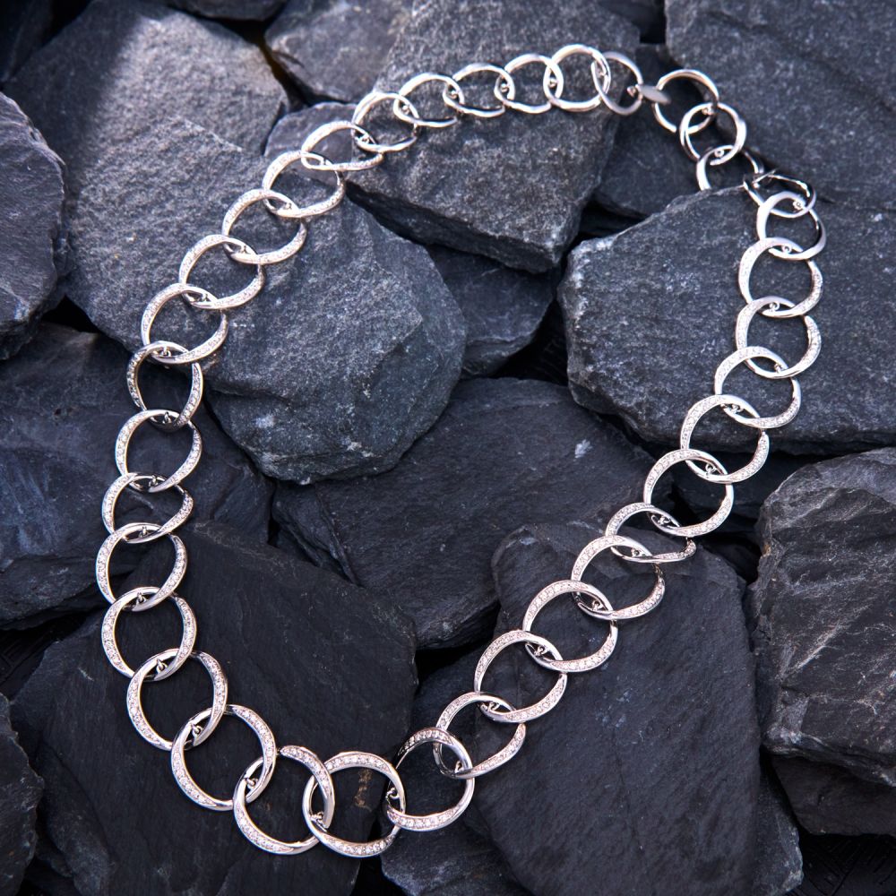 Interlocking Circle Link Diamond Necklace 14K White Gold