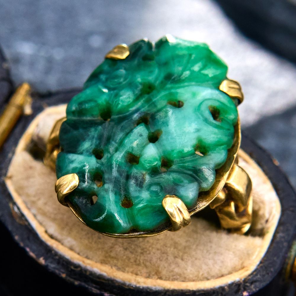 Vintage Carved Jade Ring Yellow Gold