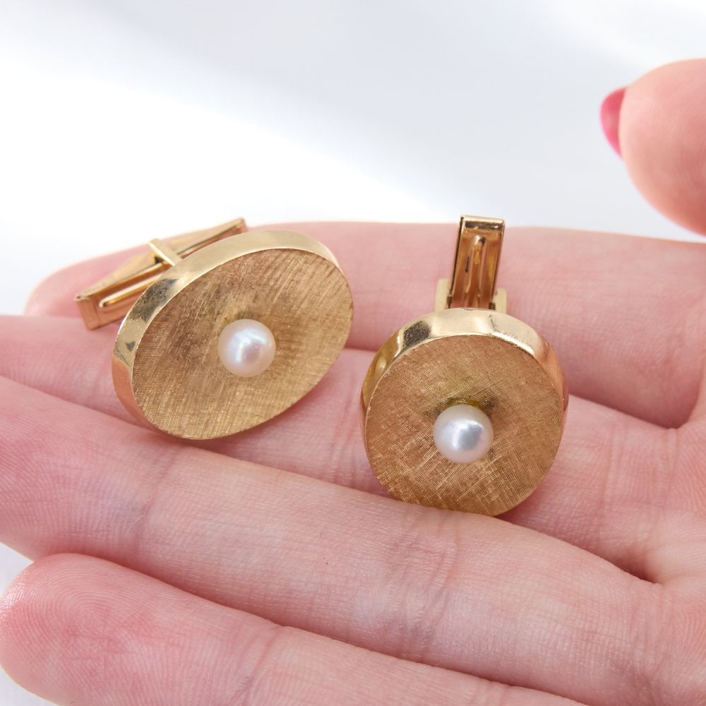 1960s Pearl Cufflinks 14K Yellow Gold