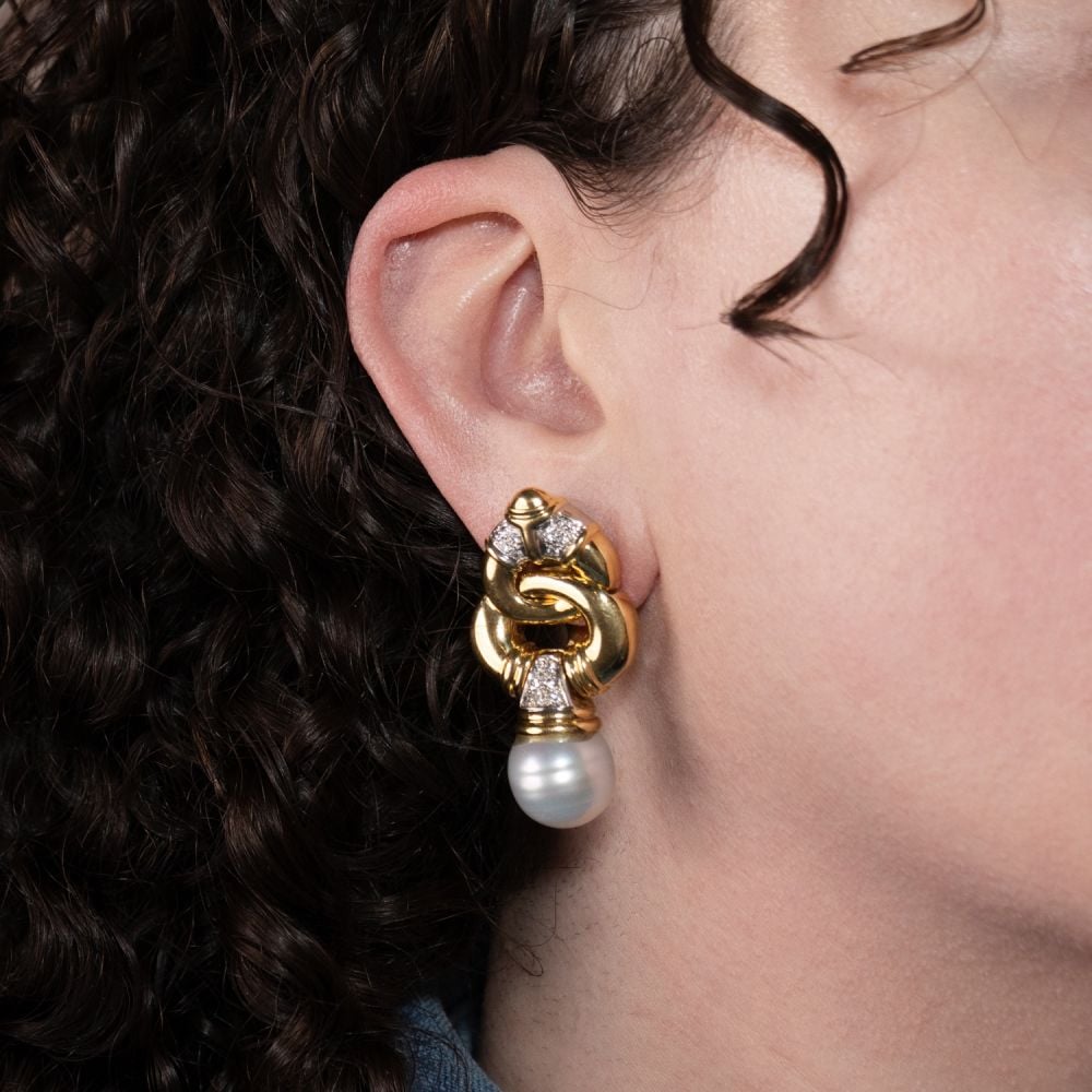 South Sea Pearl Door Knocker Earrings 18K Yellow Gold