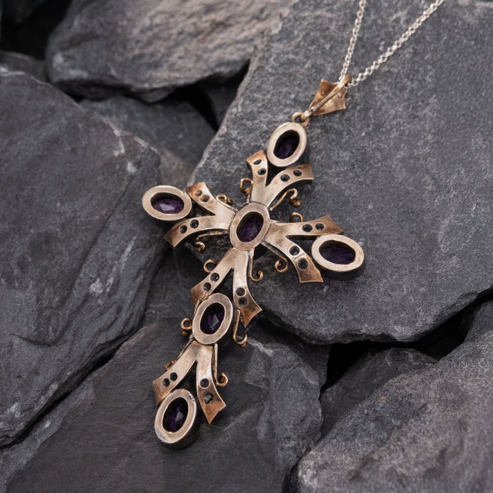 Circa Victorian Era Amethyst Cross Pendant Necklace 14K Gold