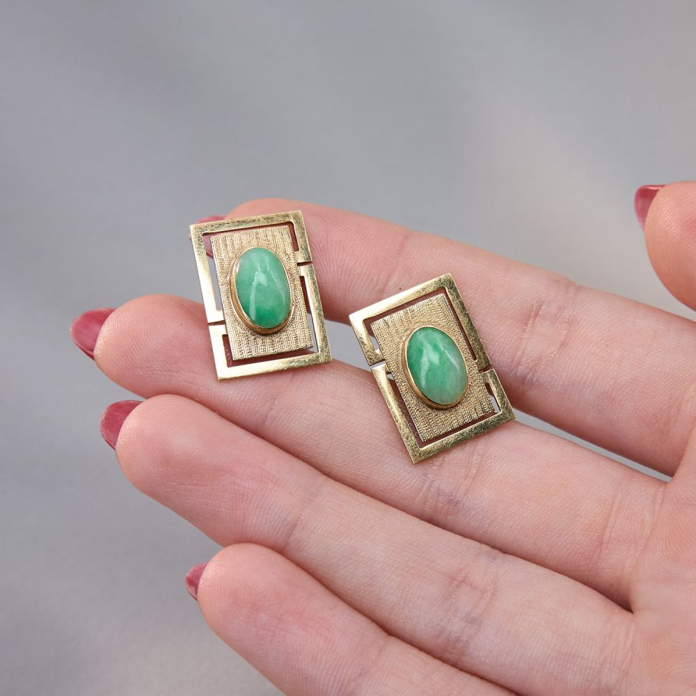 Boutons De Manchette (cufflinks) Anciens Plaqués Or Avec Incrustation De Jade - Style Art Nouveau - Occasion