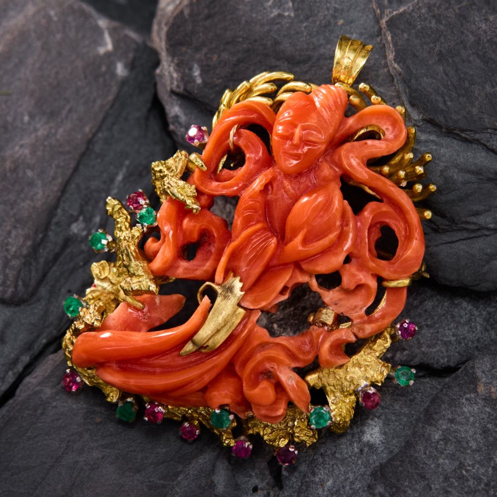 ANTIQUE CORAL BROOCH 天然 朱赤 珊瑚 サンゴ ブローチ 彫刻 花