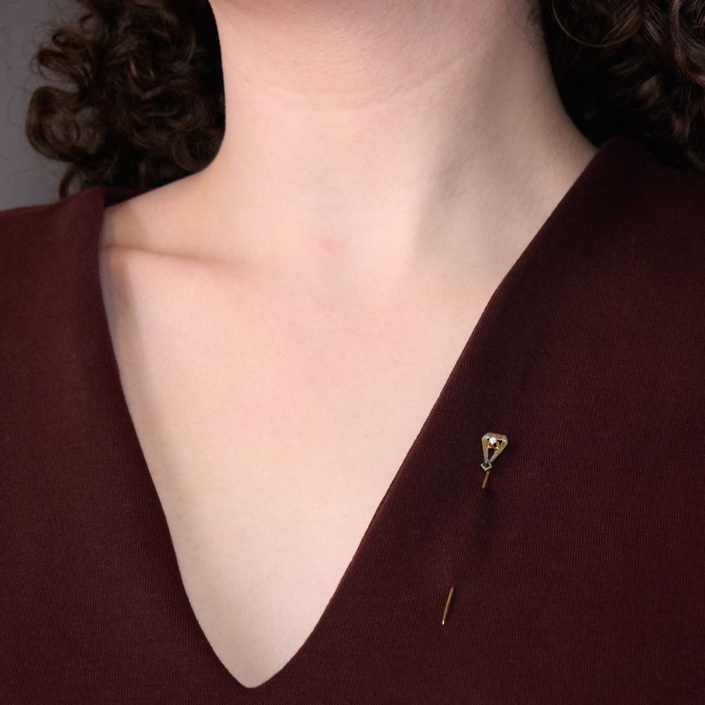 Diamond & Sapphire Deco Stick Pin 14K Yellow Gold