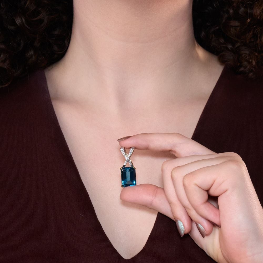 Emerald Cut Blue Topaz Pendant w/ Diamond Accents 14K Two-Tone Gold