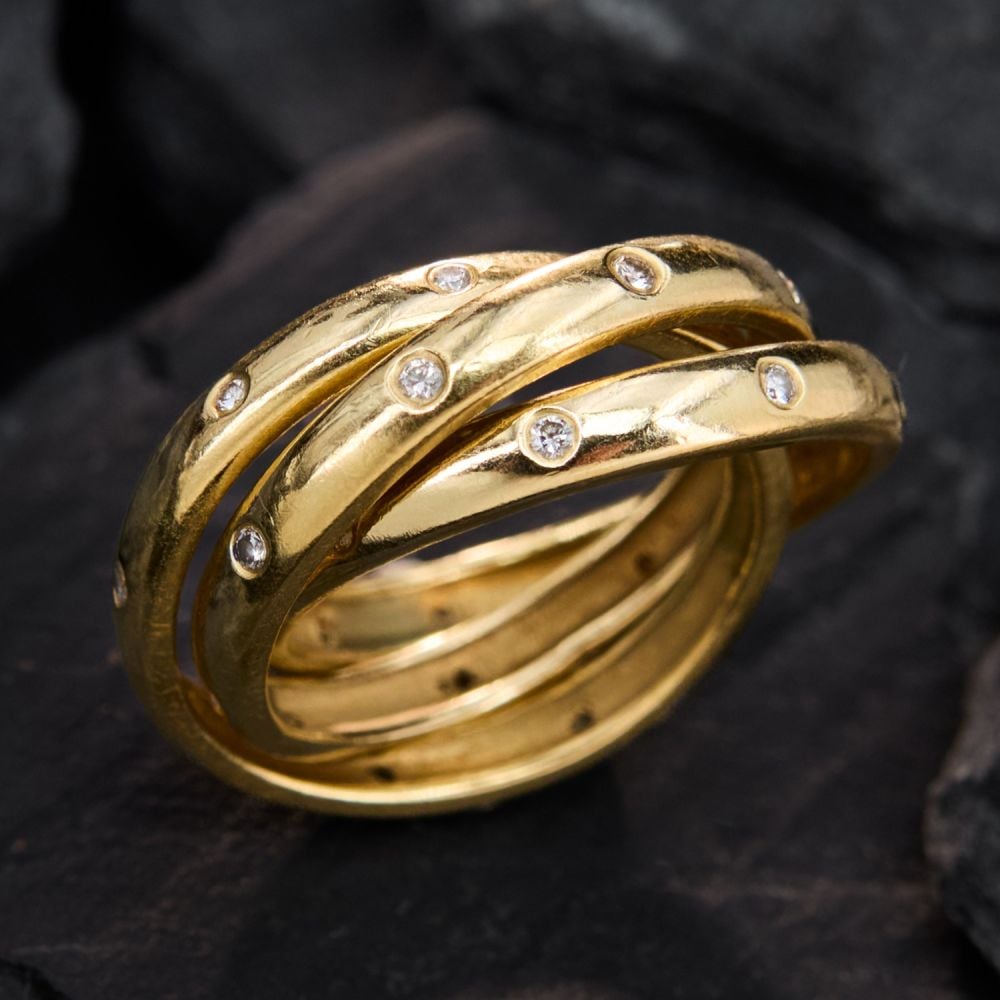 Three Band Diamond Rolling Ring 14K Yellow Gold