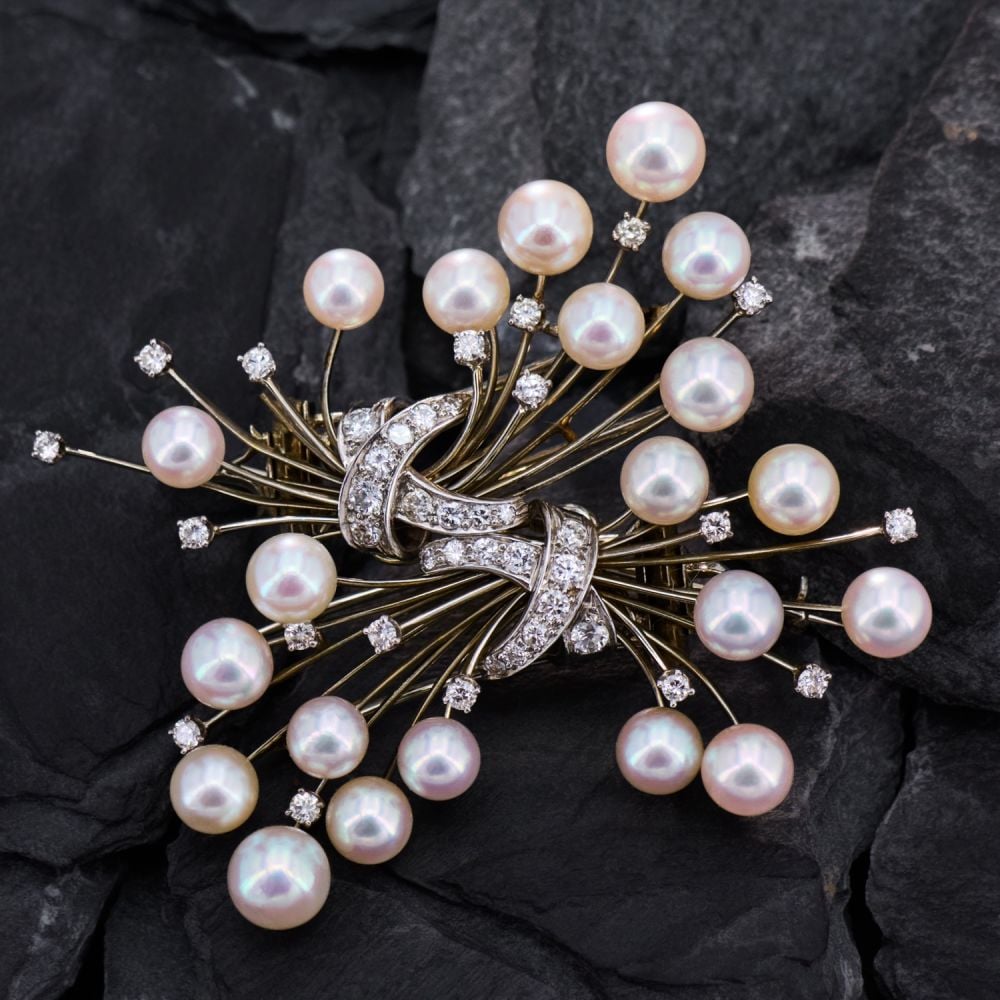 Atomic Era 1950s Pearl Diamond Brooch Pin Platinum & 14K White Gold