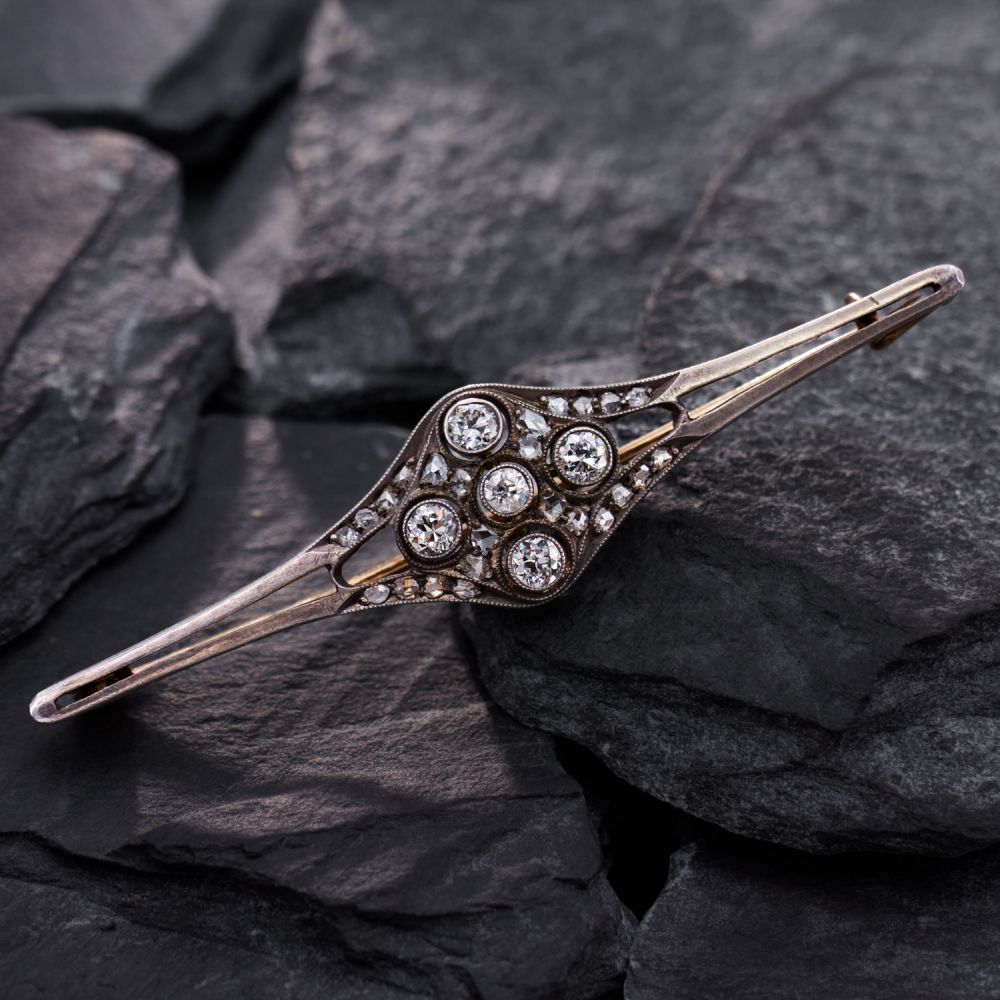 Broche Ancienne Croissant Or 18k Et Argent - Diamants Rose Cut - Bijou Vintage Céleste