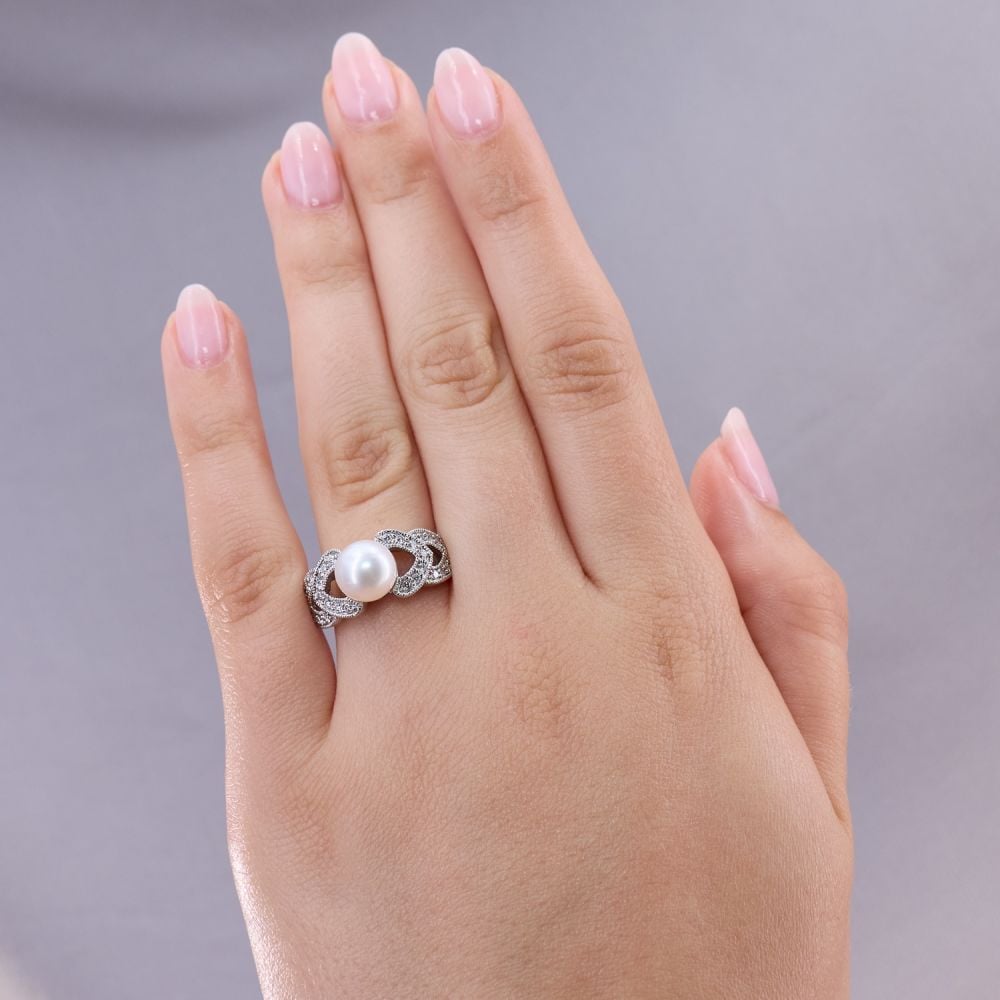 Pearl & Diamond Ring 14K White Gold