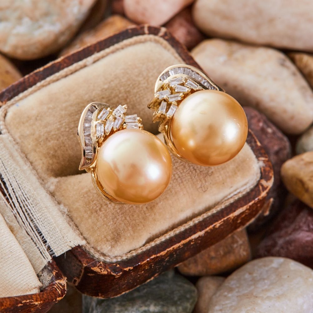 Golden South Sea Pearl & Diamond Earrings 14K Yellow Gold
