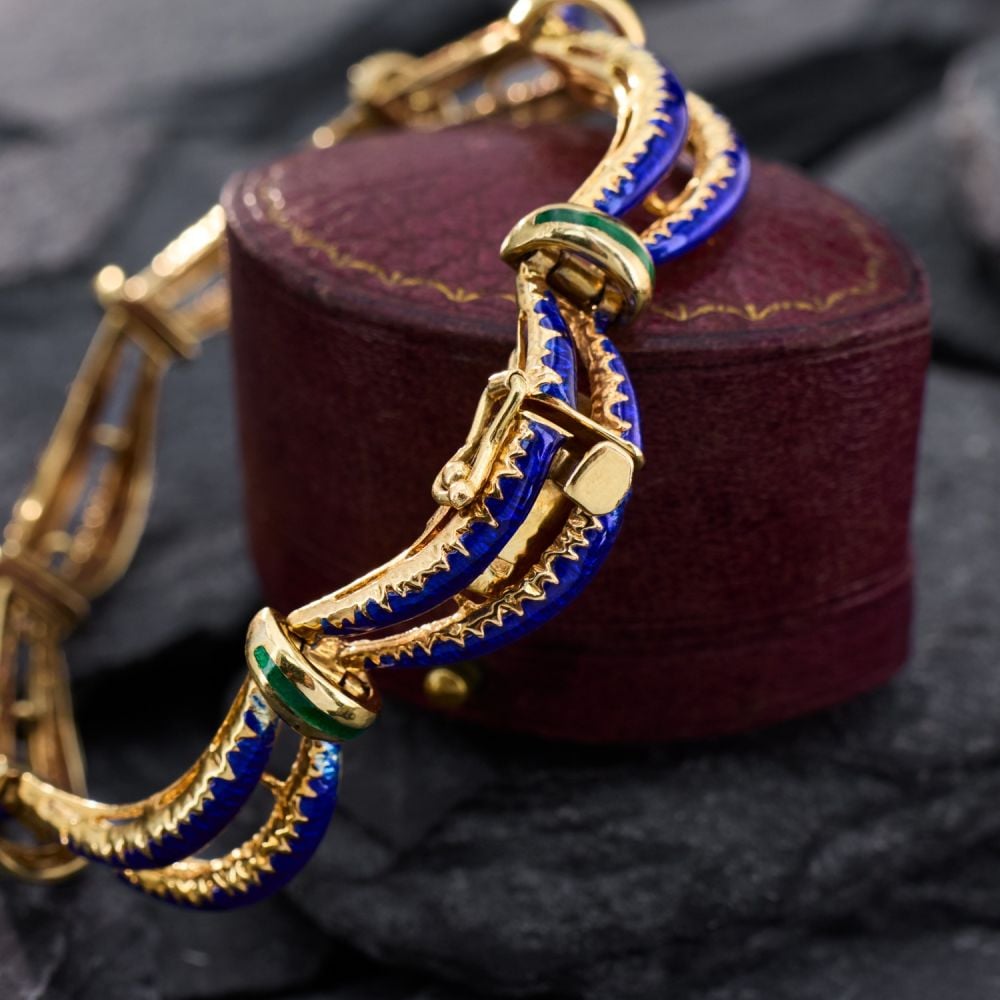 Vintage Blue Enamel Bracelet 14K Yellow Gold