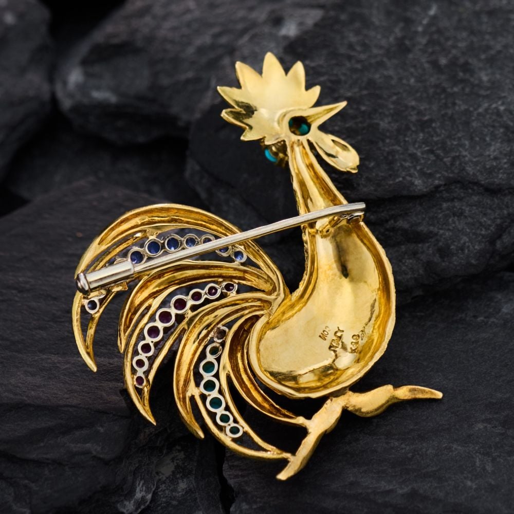 Ruby Sapphire Turquoise Rooster Brooch 18K Yellow Gold
