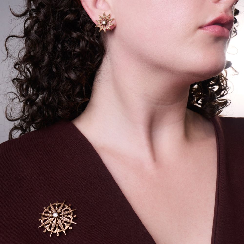Victorian Seed Pearl Star Brooch & Earrings Set 14K Yellow Gold