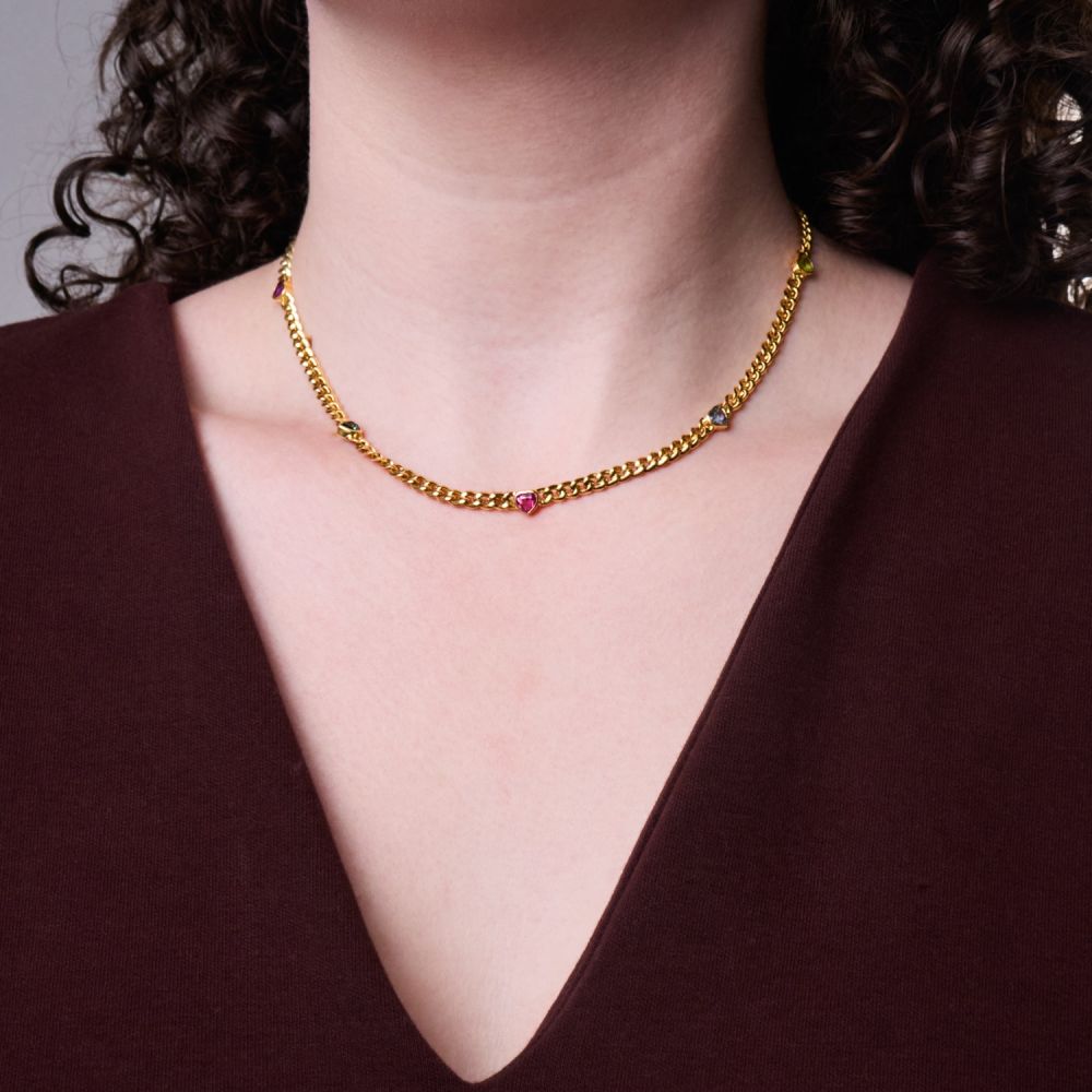 Multi Gemstone Heart Station Necklace 18K Yellow Gold