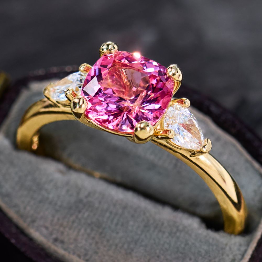 Pink Spinal Rings Cushion Cut Pink Spinel Ring With Diamonds 14K Yellow Gold