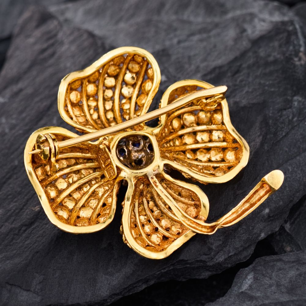 Four Leaf Clover Diamond & Sapphire Brooch 18K Yellow Gold