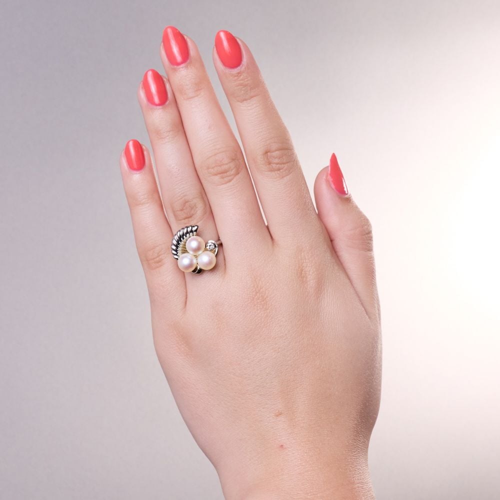 Glamorous Triple Pearl Cocktail Ring 14K White Gold