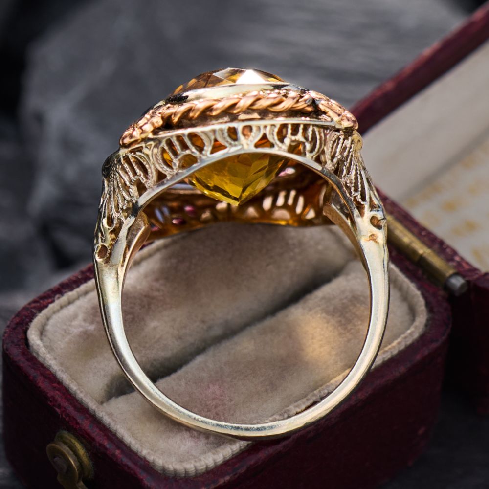 1930s Citrine Cocktail Ring 14K White & Rose Gold