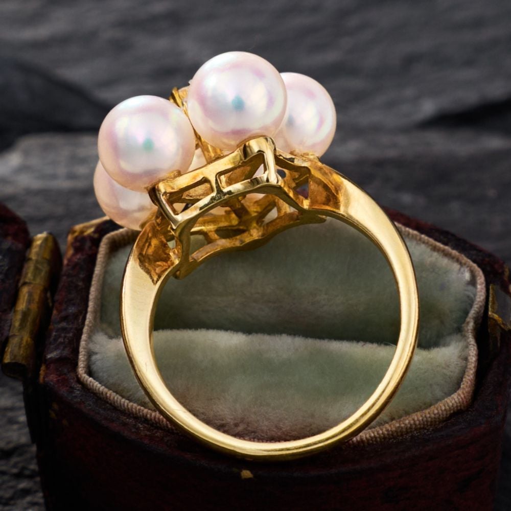 Mikimoto Pearl & Diamond Cluster Ring 18K Yellow Gold