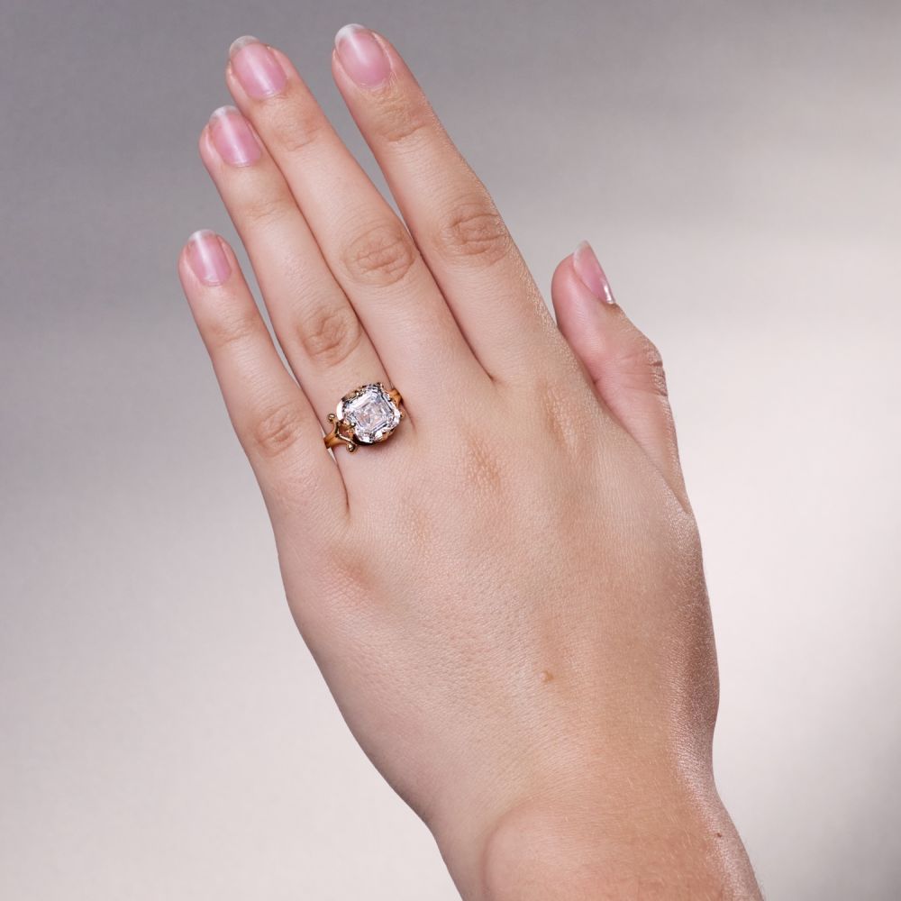 5+ Carat Asscher Cut Lab Grown Diamond in 1940s 14K Yellow Gold Ring