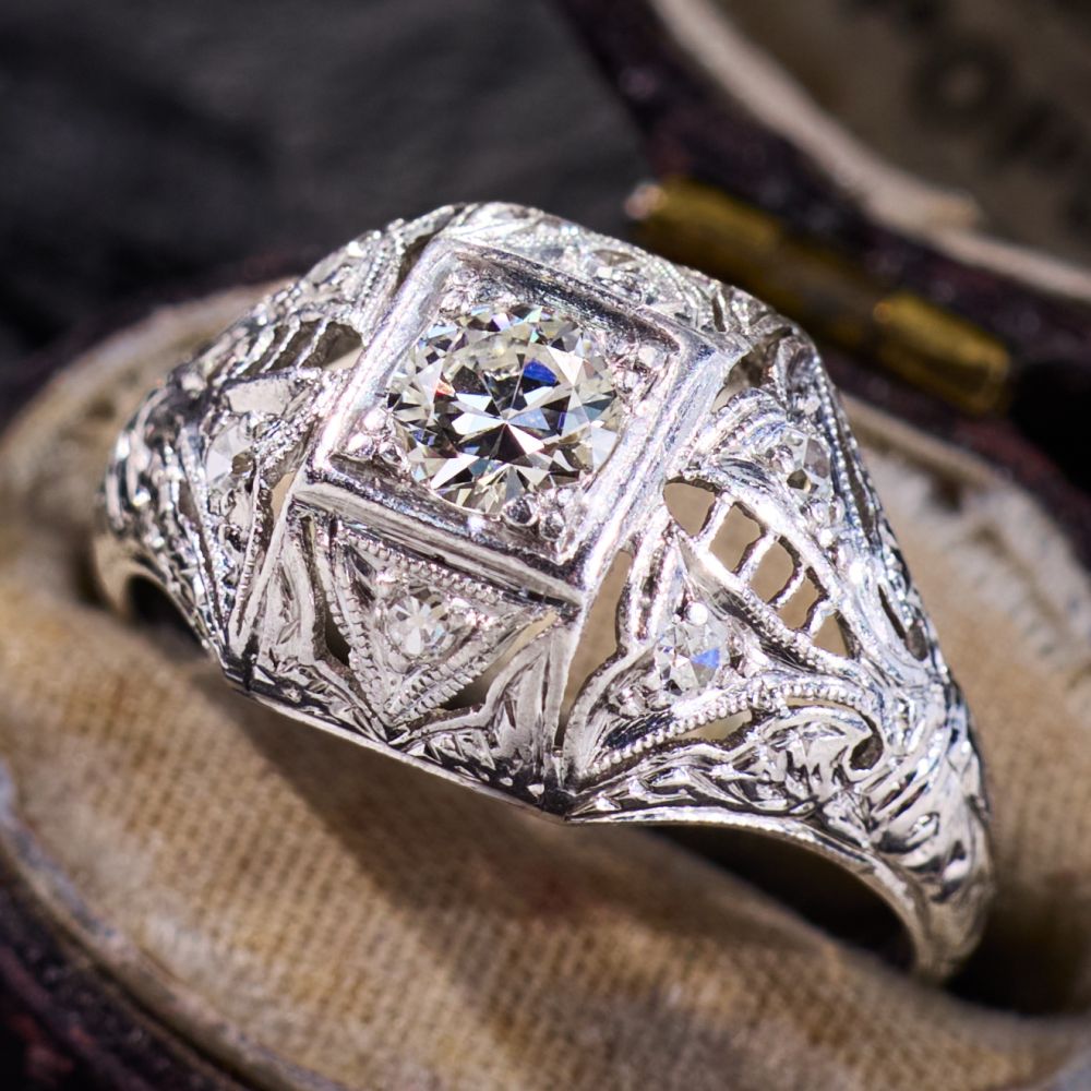 1930s Filigree Diamond Engagement Ring Platinum/18K White Gold