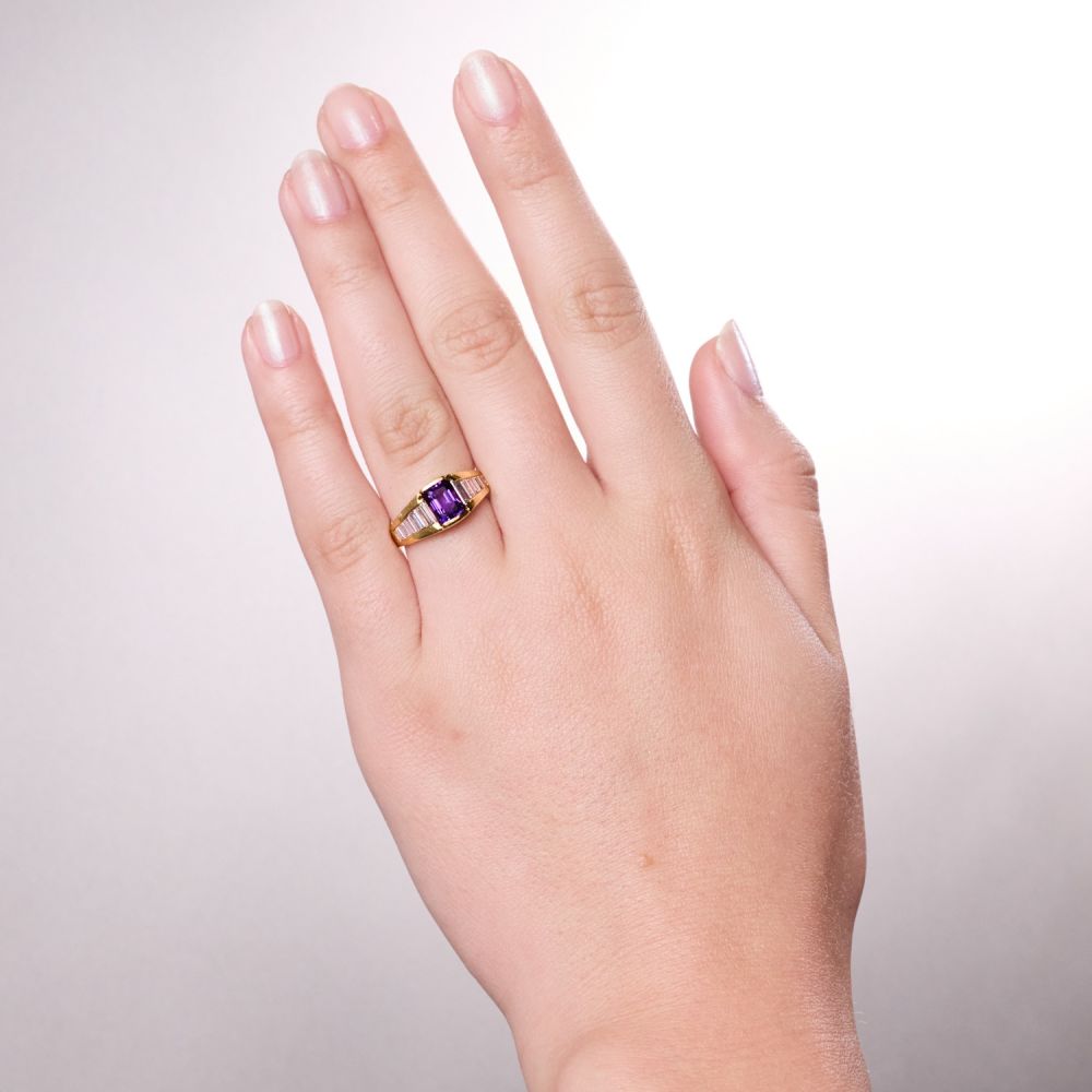 Amethyst & Channel Diamond Ring 18K Yellow Gold