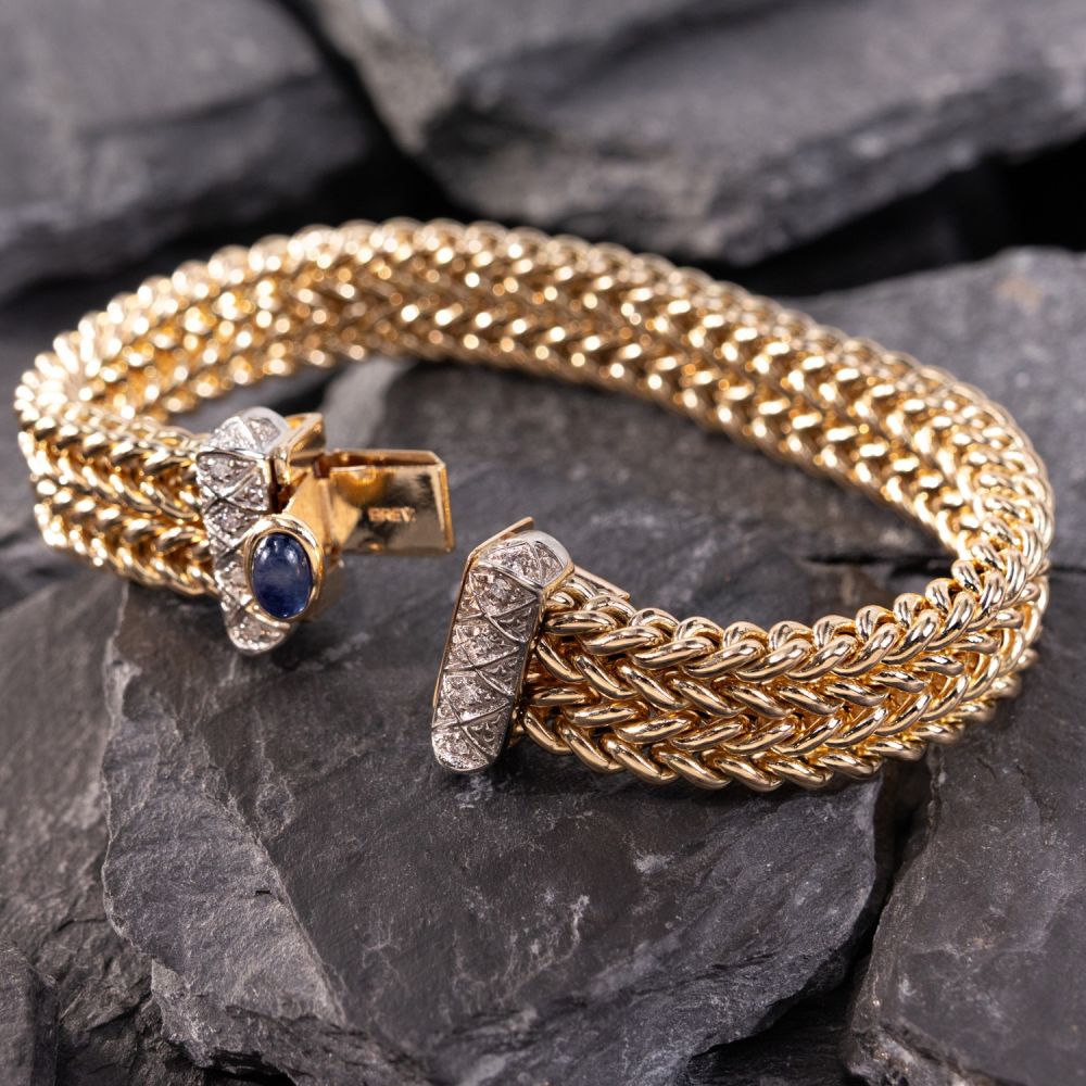 Braided Gold Bracelet w/ Diamond & Sapphire Clasp 14K Two Tone Gold