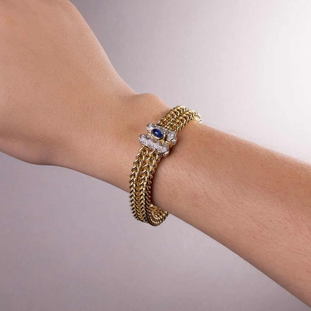 Braided Gold Bracelet w/ Diamond & Sapphire Clasp 14K Two Tone Gold