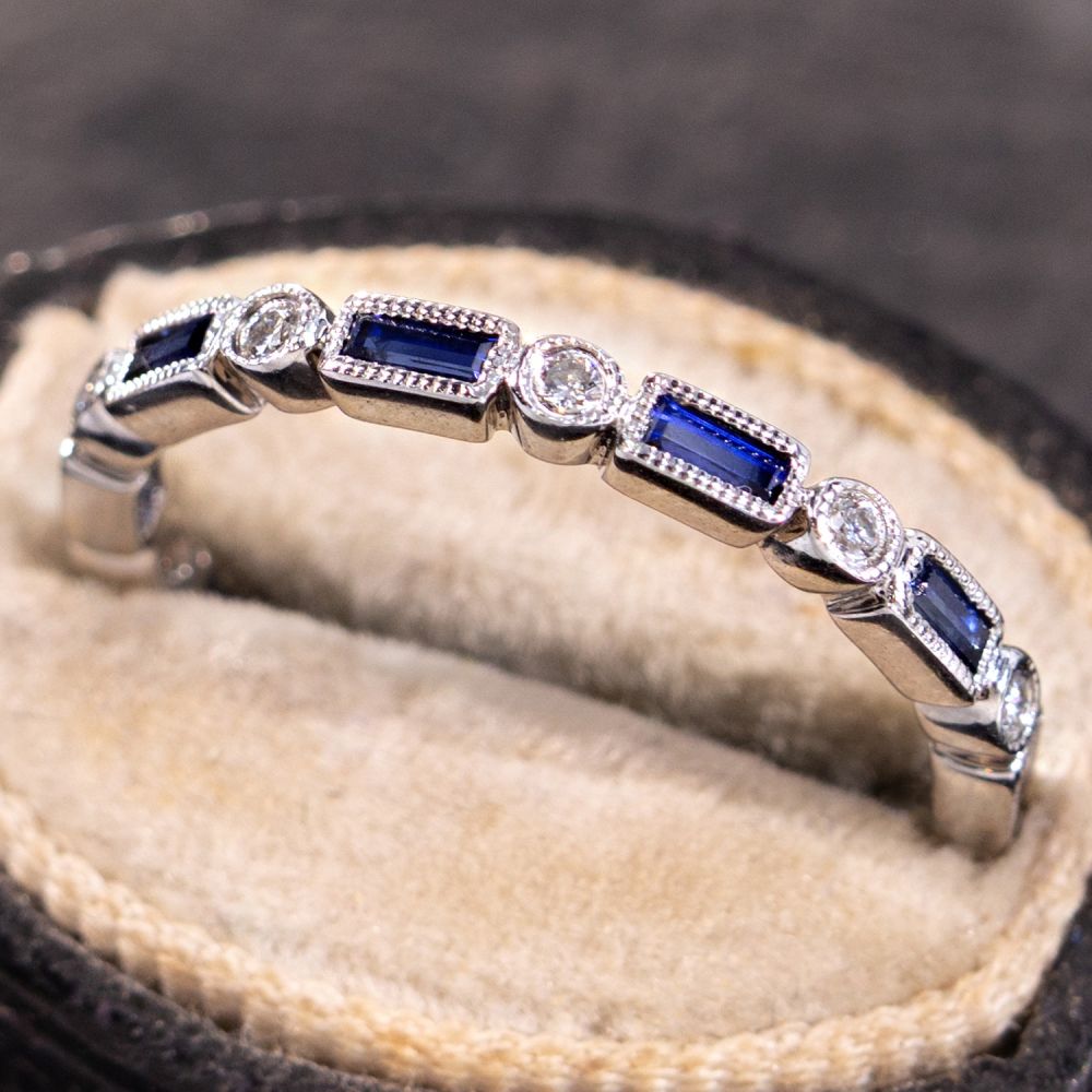 Diamond & Lab Grown Sapphire Band Ring 18K White Gold Size 5.75