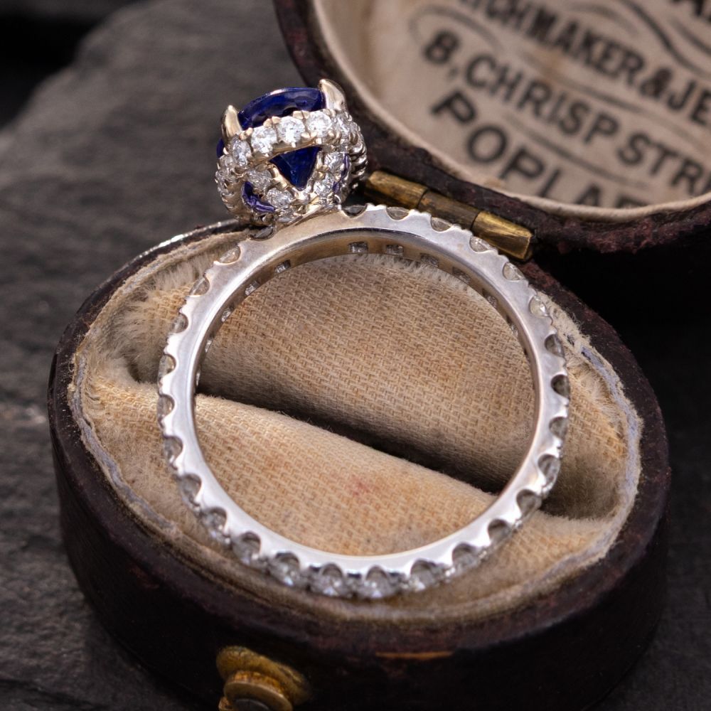 Tanzanite Ring w/ Eternity of Diamonds in 18K White Gold, Size 3 5/8