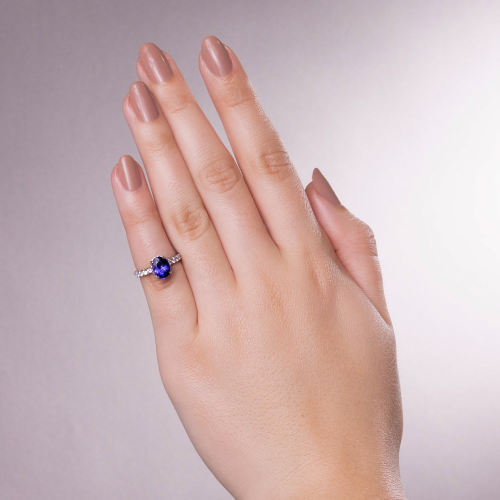 Tanzanite Ring w/ Eternity of Diamonds in 18K White Gold, Size 3 5/8