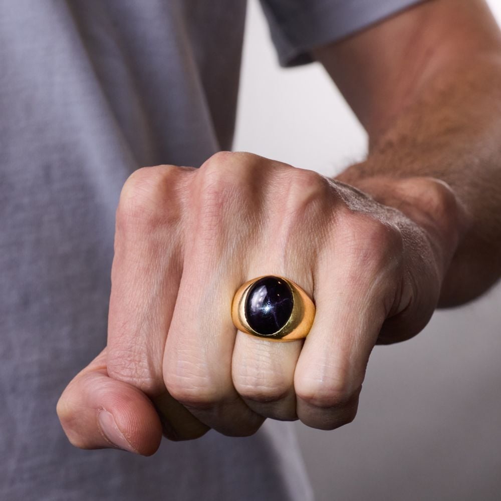 Cool Vintage Men's Star Garnet Cabochon Ring 14K Yellow Gold