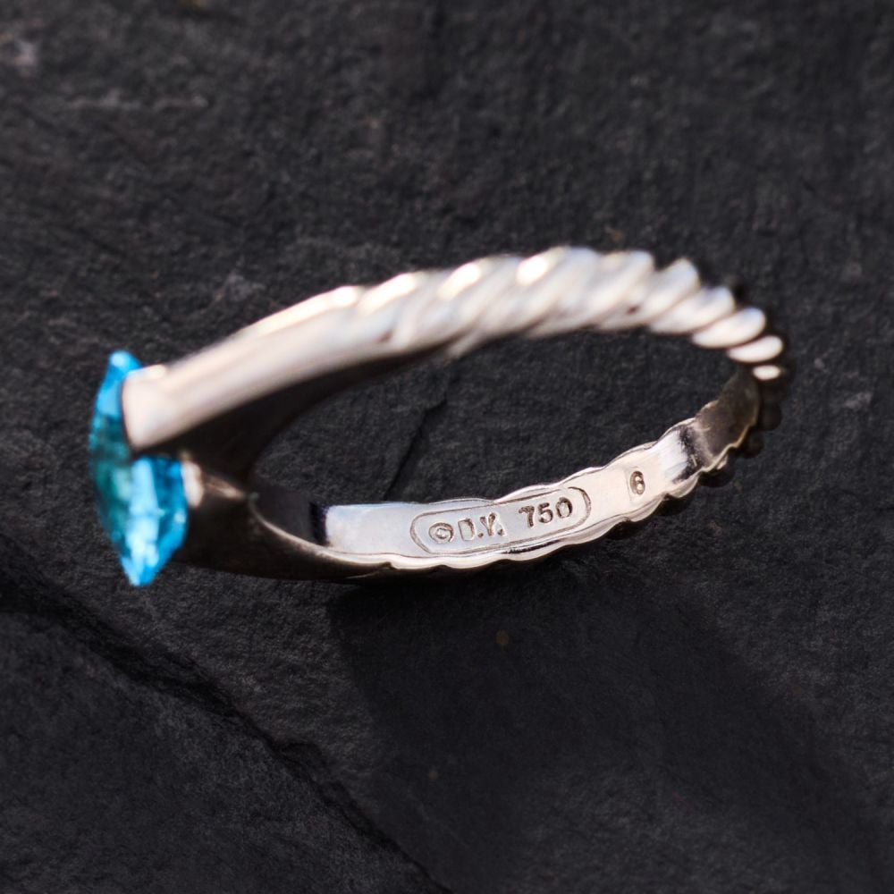David Yurman Blue Topaz Swirl Shank Ring 18K White Gold