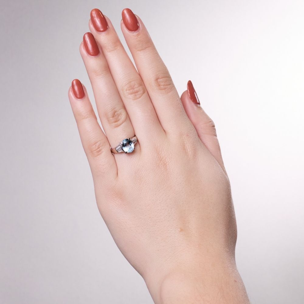 Oval Aquamarine Ring w/ Baguette Diamonds Platinum