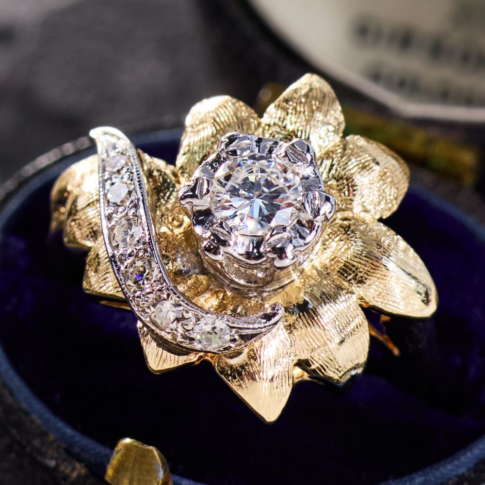 Vintage Diamond Flower Ring 14K Two Tone Gold